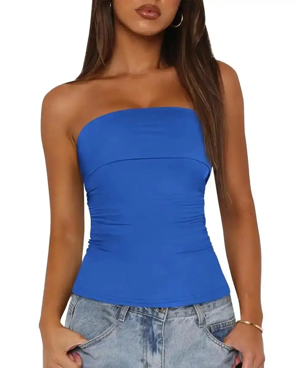Womens Strapless Tube Tops Summer Spring Clothes 2026 Trendy Casual Ruched Stretchy Going Out Bodycon Bandeau Top Street Style Midi Dress High Waist Everyday Wear Wide Leg Pants Knitwear Denim Shorts V Neck Coat Low Rise