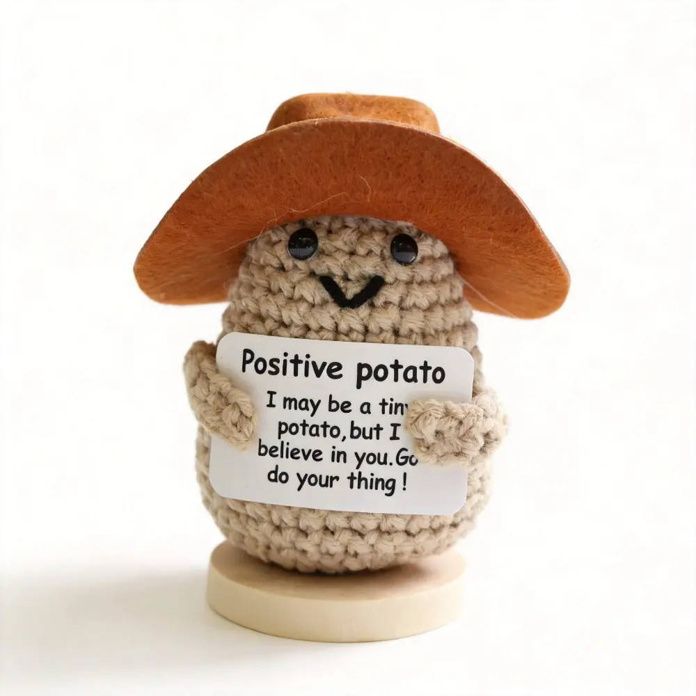 Handmade Crochet Cowboy Hat Tiny Potato Desk Buddy Stuffed Animal - Western DIY Hobby Enthusiast Friend, Cuddly Stuffed Animal