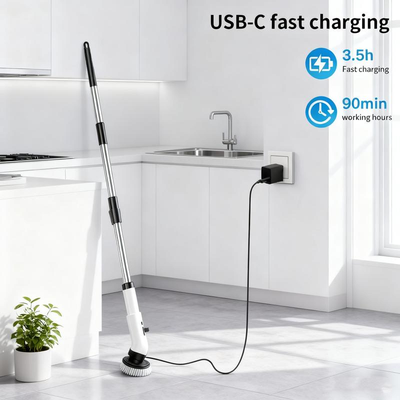 Electric Spin Scrubber, Cordless Shower Scrubber with IPX7 Waterproof, Electric Cleaning Brush, Multi-Surface Use, and Long Battery Life, 2 Adjustable Speed & Extendable Handle, 9 Replaceable Brush Heads, Multi-Purpose Cleaning Kit for Bathroom & Kitchen