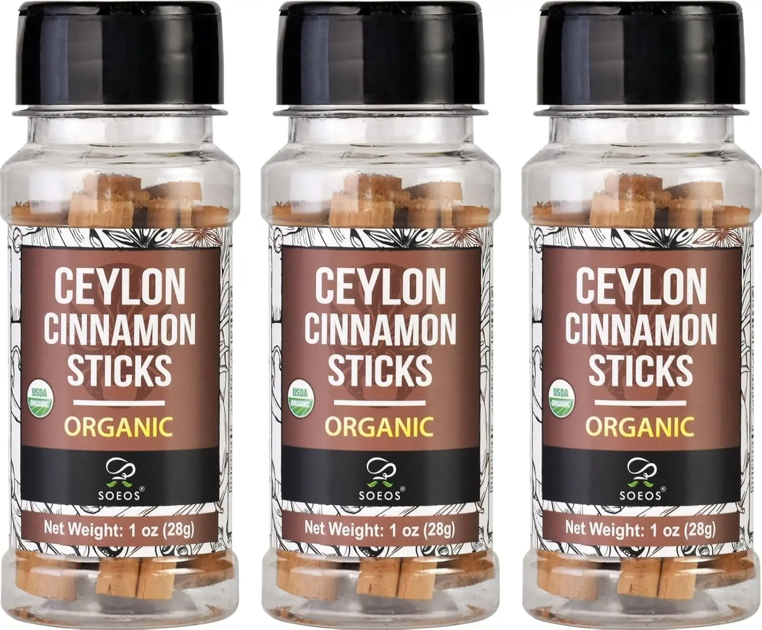 Soeos Ceylon Cinnamon Sticks 1 oz (28g) Pack of 3, Organic Cinnamon Sticks, Real Cinnamon farmed in Sri Lanka, Non-GMO, Cinnamon for Coffee, Baking, Cooking and Beverages