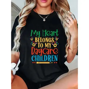 Women's 180g Casual Short Sleeve T-Shirt -  My Heart Belongs to My Daycare ren  Graphic Print, Black with Colorful Geometric Patterns, Round Neck, Machine Washable for Daycare Teachers, PreK Staf