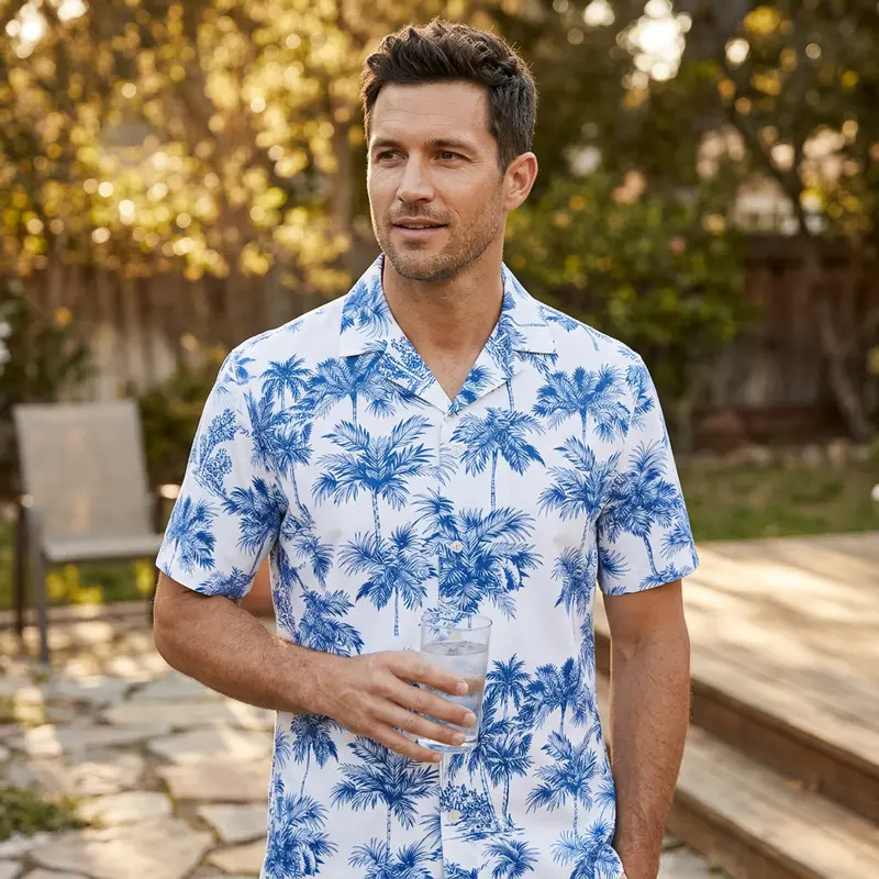 Men’s Short Sleeve Cuban Collar Button Down Shirt Tropical Blue Palm Tree Print Lightweight Breathable Casual Loose Fit Vacation Beach Holiday Daily Outdoor Summer Top For Adult Male