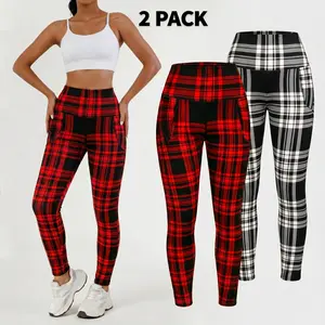 Women's High Waisted Plaid Leggings with Side Pockets Stretchy Soft Casual Workout Pants for Womenswear Bottom