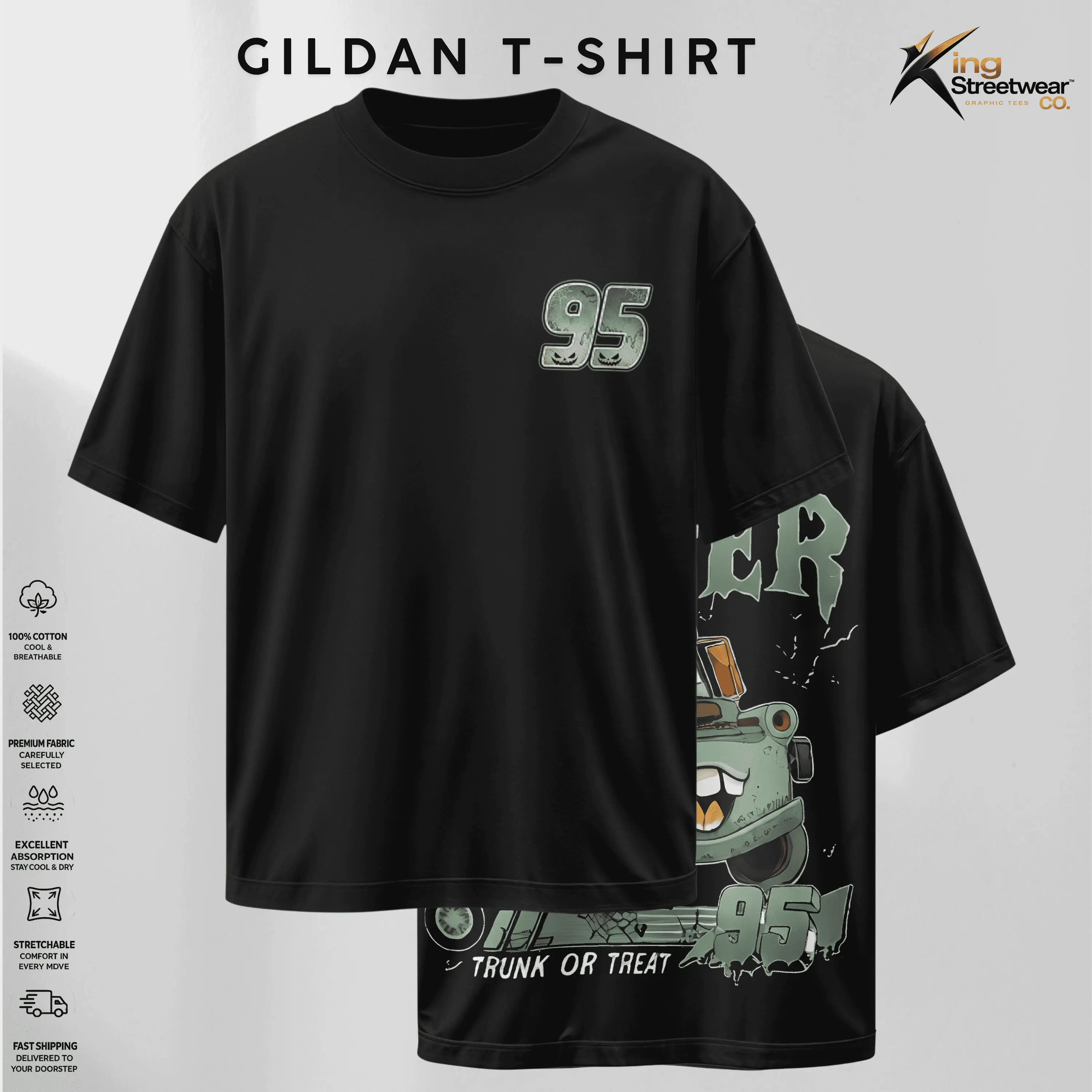 Retro Two Side Cars Movie T-Shirt, Mcqueen and Mater Halloween Funny Lightning Vintage Unisex Graphic Tee - Top Trendy Y2K Classic Streetwear Unisex Racing Style For Fans