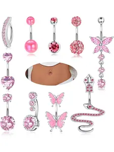 Shining 10 Pcs Pink 14G Belly Button Bars Trendy Surgical Steel Copper Navel Bars for Women Men Sparkling CZ Butterfly Snake Clicker Navel Rings Belly Piercing Set Body Piercing Jewelry Set