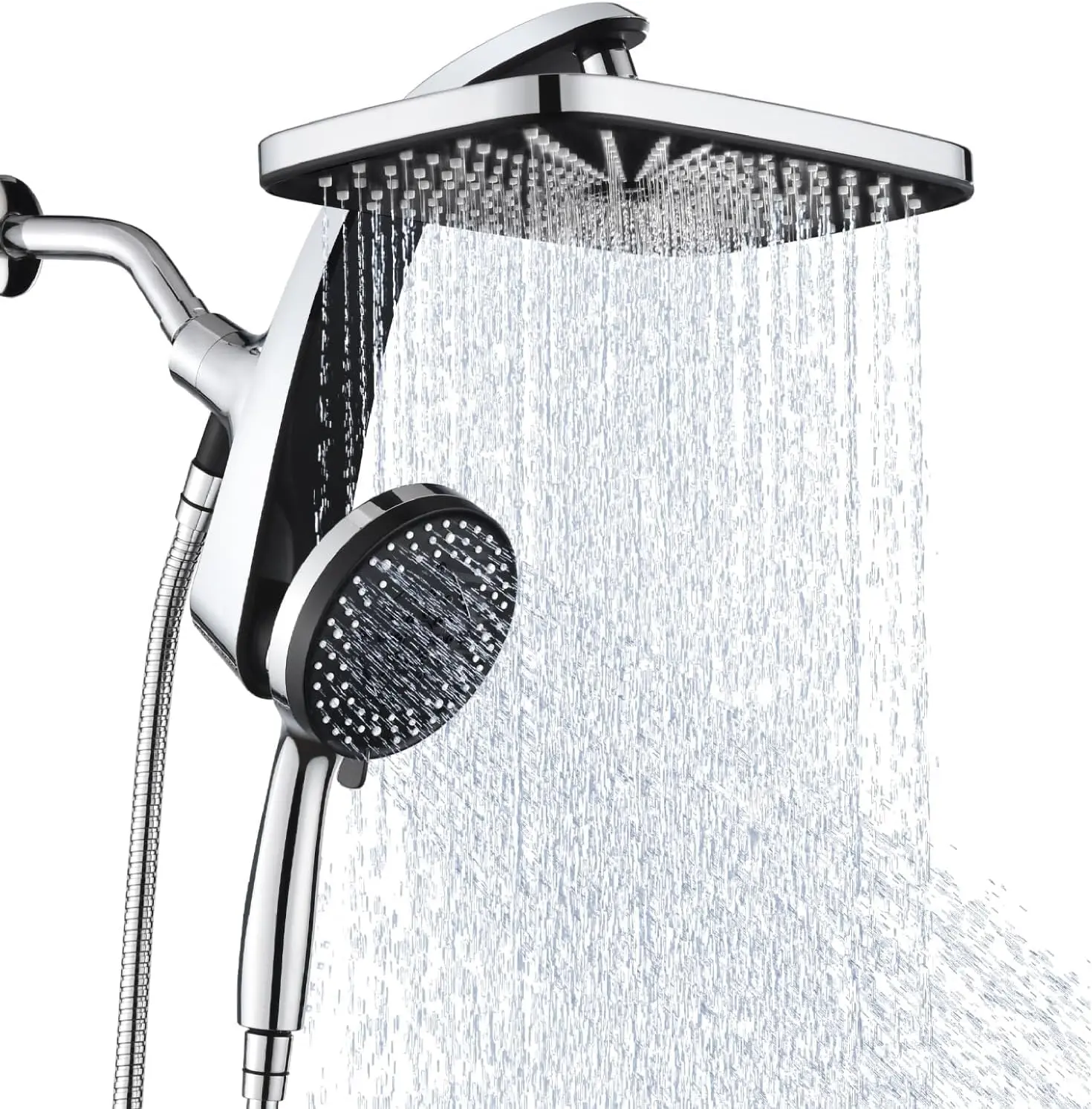 Dual Rain Shower Head Combo, 12 Inch Large Square Rainfall Shower Head with Magnetic Docking Handheld Sprayer, 10 Adjustable Spray Modes High Pressure Shower System, Self-Clean Anti-Clog Nozzles, Chrome Polished with 59 Inch Flexible Hose for Bathroom
