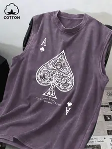 Men's Summer Casual Streetwear Tank Top, 100% Cotton Sleeveless Graphic Letter Print, Ace Pattern, Trendy and Unique, Perfect for Daily Wear