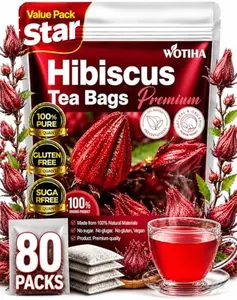 WOTIHA Premium 80 Hibiscus Flower Tea Bags (Flor de Jamaica) - Natural, Tart & Refreshing, Hot or Ice Tea - Rich in Antioxidants, Sugar-Free Caffeine-Free Non-GMO Vegan Gluten-Free.