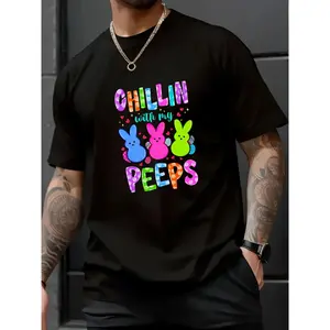 100% Cotton Unisex Chillin with My Peeps Easter Shirts Women, Easter Bunny Tshirt, Funny Easter Gifts T-Shirt - Men's Easter pattern T-shirt