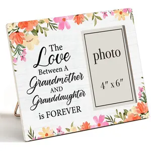 Grandma Wooden Picture Frame Gift From Granddaughter, Floral Grandmother & Granddaughter Wood Photo Frame Gifts, Tabletop & Wall Mounting, 4x6 Inch Photo