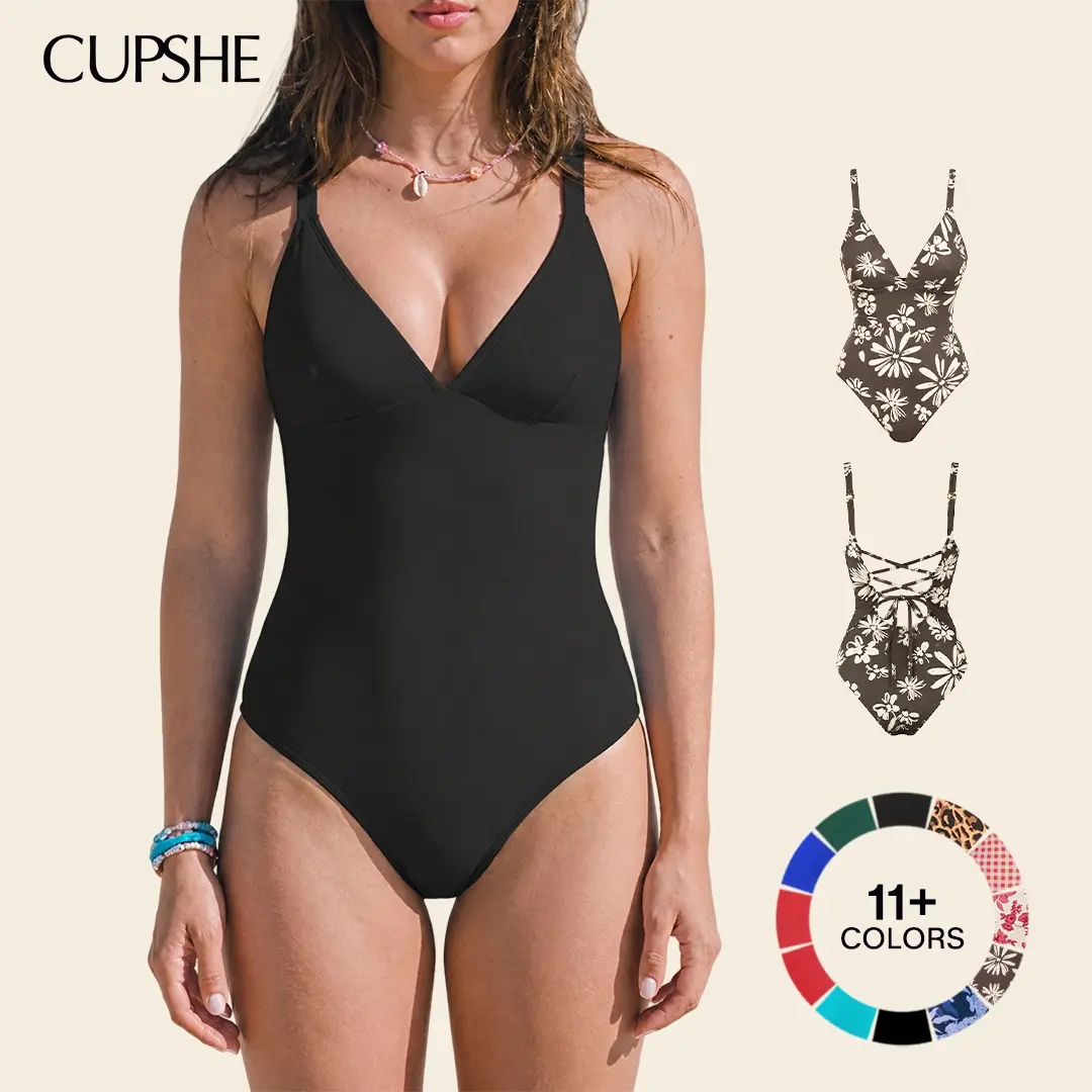 CUPSHE Women's Tummy Control 1-Piece Bathing Suit - Plunging Deep V-Neck, Body Shaping, Adjustable Lace-Up Support Back Monokini for Summer Beach, Sports Swimwear (Shapewear) #outdoorfun