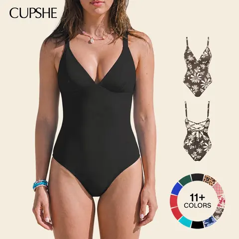 CUPSHE Women's Tummy Control 1-Piece Bathing Suit - Plunging Deep V-Neck, Body Shaping, Adjustable Lace-Up Support Back Monokini for Summer Beach, Sports Swimwear (Shapewear) #outdoorfun