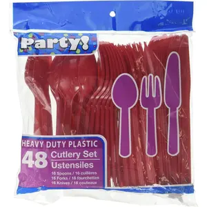 Red Assorted Disposable Cutlery, 48 Piece Set, 16 Spoons, 16 Forks, 16 Knives