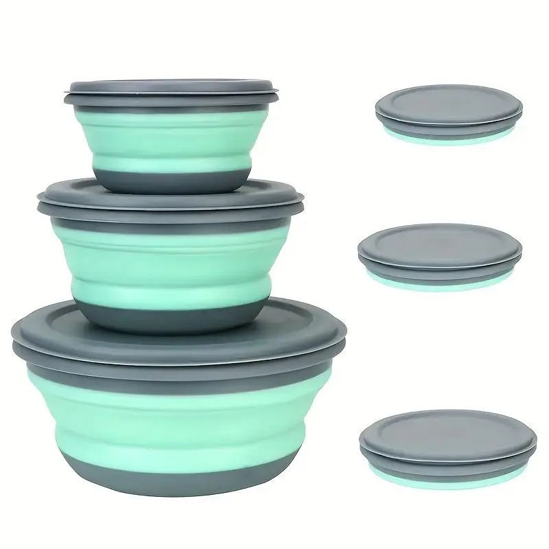 Faridabio 3pcs Silicone Collapsible Bowls Set with Lids - Portable, Leak-Proof Salad Plate for Outdoor Travel, Picnics, Camping Accessories, Outdoor Kitchen Supplies - Green Expandable Food Bowls, Ideal Christmas or Valentine's Day Gift, Utensils, Kitchen