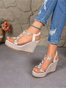 New Plus Size Rhinestone Butterfly Wedge Platform Sandals, Transparent Strap Thick Sole Slip-On Summer High Heel Elegant Shoes for Women
