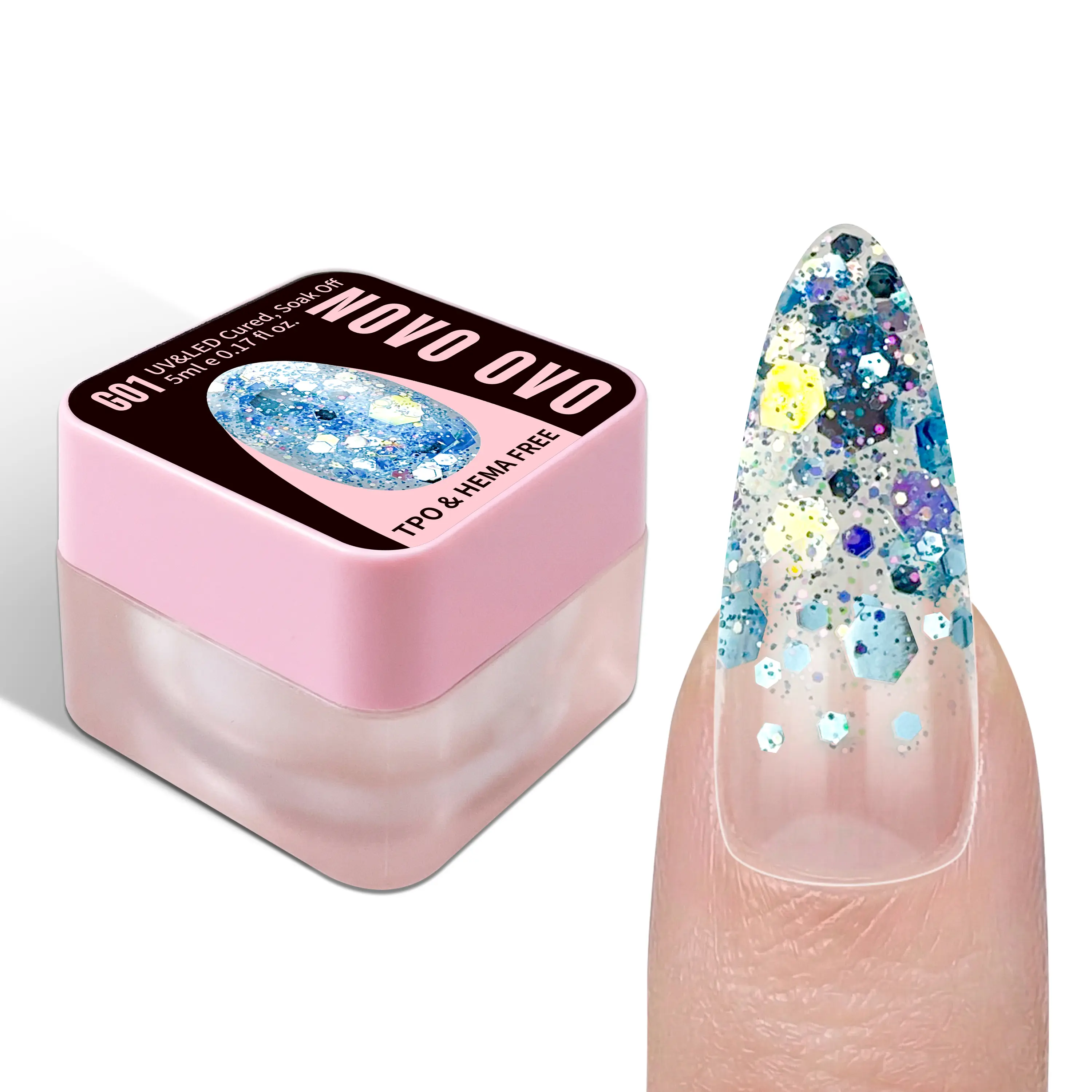 NOVO OVO Chunky Glitter Gel Polish, G01 Oceanic Mist with Blue Holographic Sequins - Reflective Soak Off UV/LED Formula, HEMA & TPO Free for DIY Manicures & Nail Tech Supplies, 5ml, Manicure