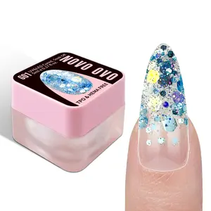 NOVO OVO Chunky Glitter Gel Nail Polish, G01 Oceanic Mist (Blue Holographic Sequins) TPO & HEMA Free, High-Density Sparkle Confetti Varnish, Reflective Soak Off UV LED Manicure for DIY Nail Art 5ml