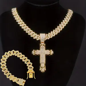 1pc Hip Hop Cross Pendant Necklace and Cuban Bracelet Set - 14mm Hip Hop Cuban Chain, Perfect for Valentine's Day or Mother's Day Party and Gift