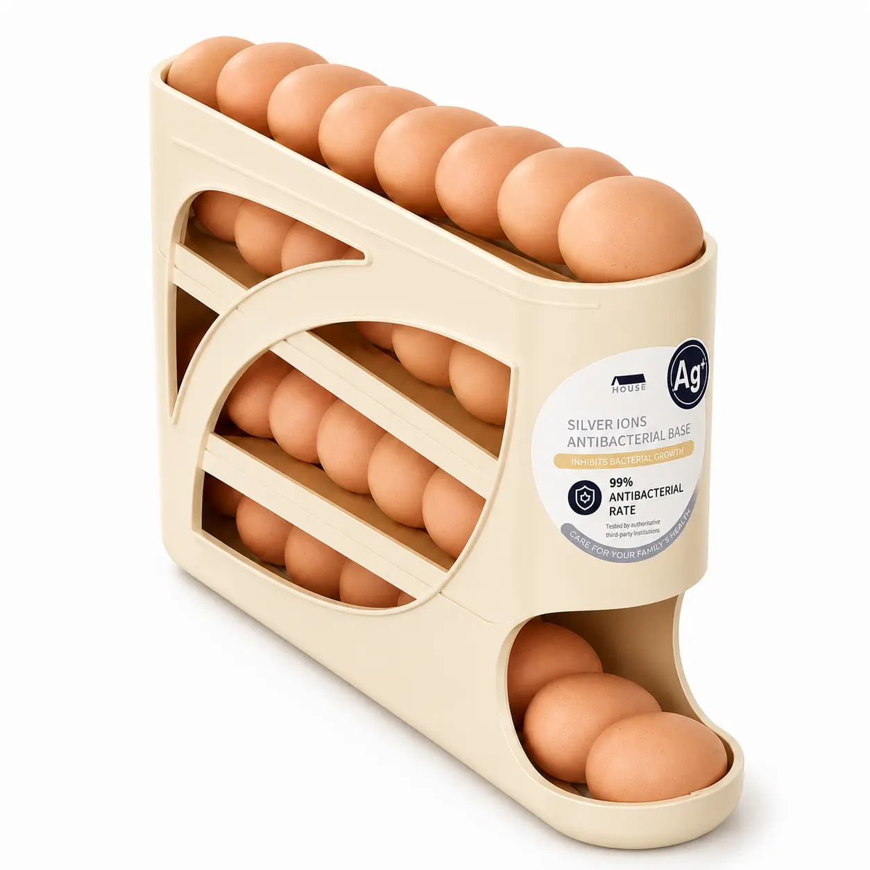 3-Tier Automatic Rolling Egg Holder for Fridge, Space Saving Egg Dispenser Organizer with 99% Antibacterial Label, Cream Refrigerator Egg Storage Rack for Kitchen, Fridge Side Door & Countertop