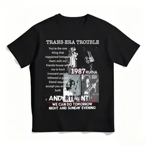 Trans-Era Trouble Vintage Rock Band Collage Photo Unisex T-Shirt, 1987 Retro Distressed Band Portrait Text Slogan Crew Neck Tee, Soft Cotton Loose Oversized Classic Rock Streetwear Short Sleeve For Music Fans