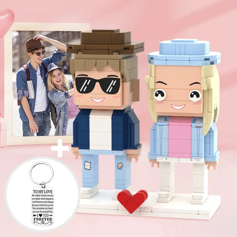 Customizable Gifts:Turn You into Brick Figure Fully Body 2 People Custom Brick Figures with KeyChain Set
