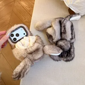 2-Style Faux Mink Fur Lying Rabbit 3D Plush Case for iPhone14/15 | Realistic Mink Fur Texture + Lying Rabbit Shape + Full Soft Shell | Warm & Premium | Autumn/Winter Outing/Commute Gentle Temperament Style Aesthetic Bunny Accessories