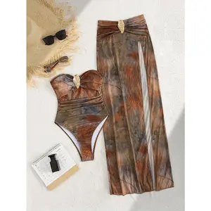 Vintage Two Piece Swimsuit, Metal Buckle Accent & High Cut Bottom, Bold Resort Style Bathing Suit for Summer Chic Earth Tone Tie-Dye Bandeau 1pc with Sheer High Slit Skirt, Flattering & Elegant Beach Wear,spring glow,mesh top