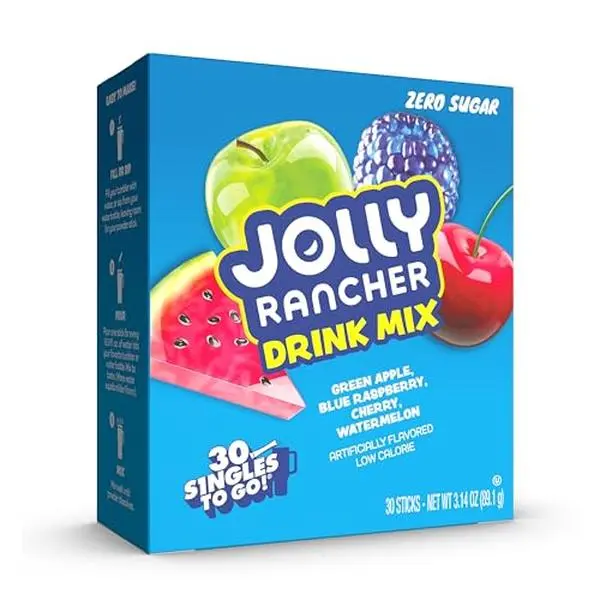 Jolly Rancher Singles To Go Variety Pack, Powdered Drink Mix, Zero Sugar, Low Calorie, Includes 4 Flavors: Green Apple, Blue Raspberry, Cherry, Watermelon, 1 Box (30 Single Servings)