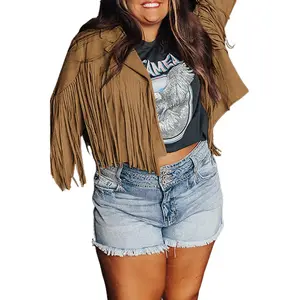 Jacket Wanita Plus Size Camel Fringe Boho Cropped Fit - Suede, Coats, Chic Womenswear Curvy