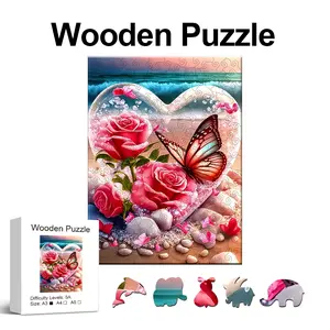 Unique Heart Butterfly Rose Wooden Puzzle, Perfect Gift for Lovers & Friends, DIY Game, Fun Toy, Home Decor, Party Game