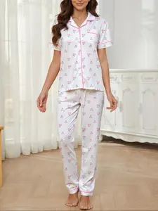 Women's Cute Casual Cherry Fitted Sleepwear Pajama Set, Short Sleeve Open Front Top & Elastic Long Pants, All-Season Comfortable Home Wear