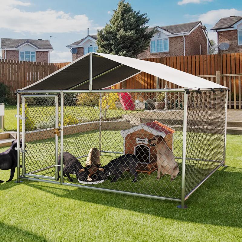 Large Dog Kennel Outdoor with Roof Heavy Duty Dog Enclosure Outside Pet Fence Cage Steel Fence with Ground Anchor Secure Lock Farm Training-A