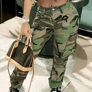 Trending Now: Camo Jeans for the Modern Woman,Straight from the Streets of LA! jeans for woman,Women's Camouflage Cargo Denim Pants - High-Rise,Loose Fit with Multi-Pockets, Elastic Fabric,  Streetwear