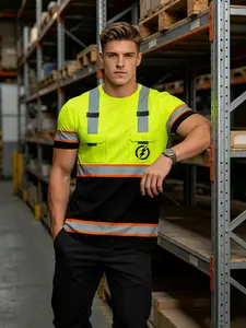 Men's Workwear Safety Warning Theme 3D Digital Reflective Stripe Print Short Sleeve T-Shirt, Fluorescent, Lightning Logo, Contrast, Reflectors