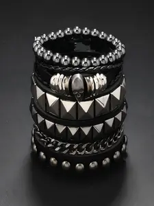 Gothic Style Bracelet Set, Silver Color Alloy Skull & Spikes, Multi-Layer Wide Faux Leather, Birthday Gift for Boyfriend, Father's Day Present