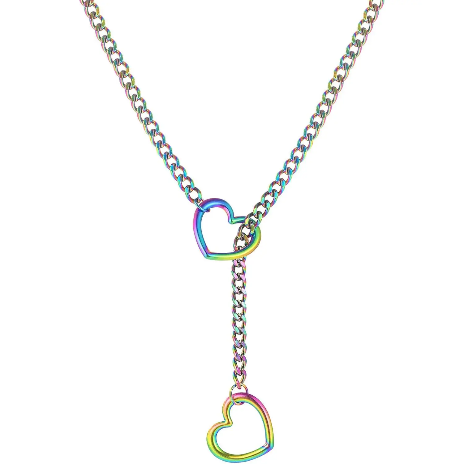 Heart Slip Chain Necklaces for Women,Stainless Steel O-Ring Adjustable Lariat Heart Y-Necklace,Punk Gothic Cuban  Choker Necklace for women