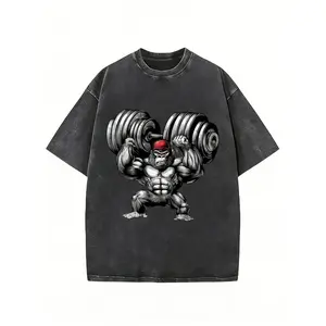 180gMen' Heavyweight 230g Pure  T-Shirt with Muscular Gorilla Weightlifting Graphic Print - Retro Washed Crew Neck Short Sleeve Gym Top Suitable for Fitness Training, Casual Wear & Daily Use, Machine Washable Retro Style Shirt