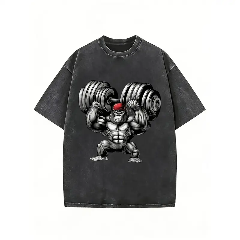 180gMen' Heavyweight 230g Pure  T-Shirt with Muscular Gorilla Weightlifting Graphic Print - Retro Washed Crew Neck Short Sleeve Gym Top Suitable for Fitness Training, Casual Wear & Daily Use, Machine Washable Retro Style Shirt