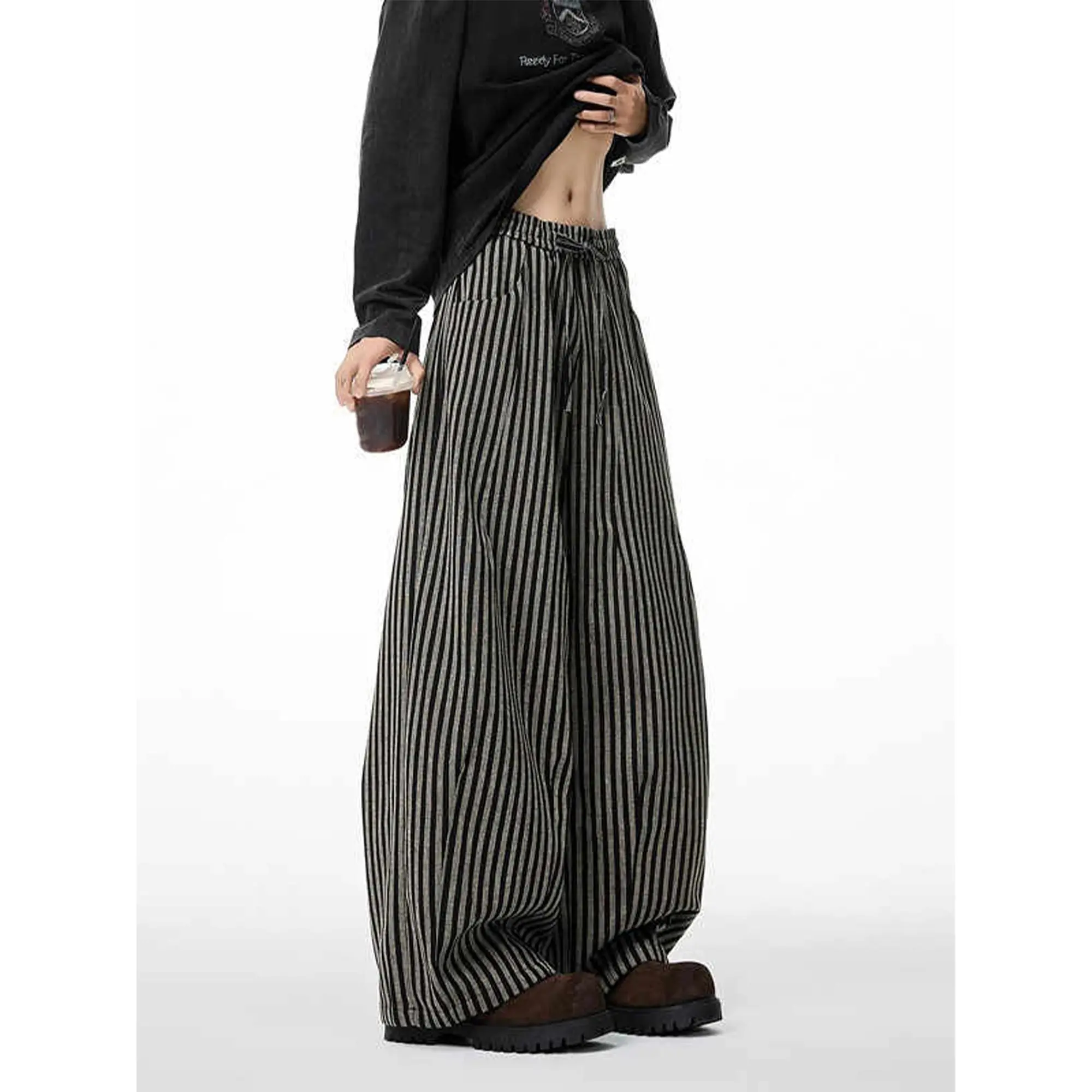Women's Black Gothic Striped Long Pants Baggy Sweatpants Harajuku y2k Emo Vintage Oversize Trousers Japanese 2000s Style Clothes