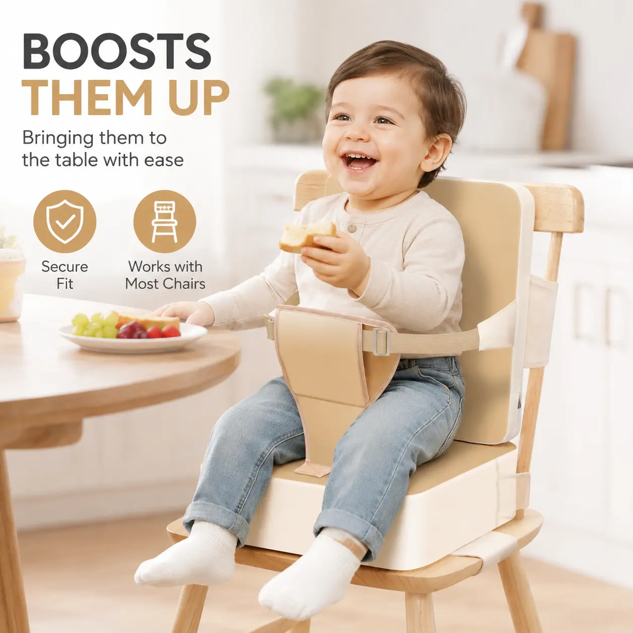Toddler Booster Seat with Back Support, Portable Travel Chair for Baby & Toddlers, Secure Dining Chair Cushion for Family Meals