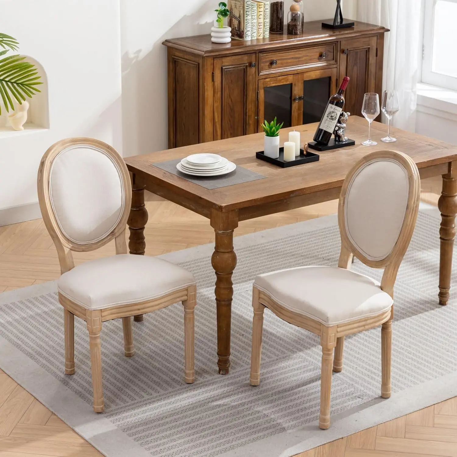 Set of 2 Farmhouse Dining Chairs, Solid Rubberwood Frame, Cushioned Linen Seat & Backrest, French Country Upholstered Side Chairs for Kitchen, Dining Room & Living Room，Beige