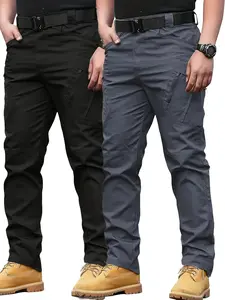 2pcs Men'S Tactical Cargo Pants, Multi-Pocket Design, Solid Color, Elastic Waistband, Ideal for Construction Workers, Hiking, Menswear Breathable Outdoor Activities Zipper Day Beige Black+Grey Plain cargo pants for men slacks pantalones para hombre