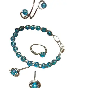 Anorcelestial co. Set Handmade Blue Glass Bead Jewelry Includes Bracelet 2 Rings & Earrings High Shine Silver Wire Wrap Lightweight Perfect for Everyday Wear