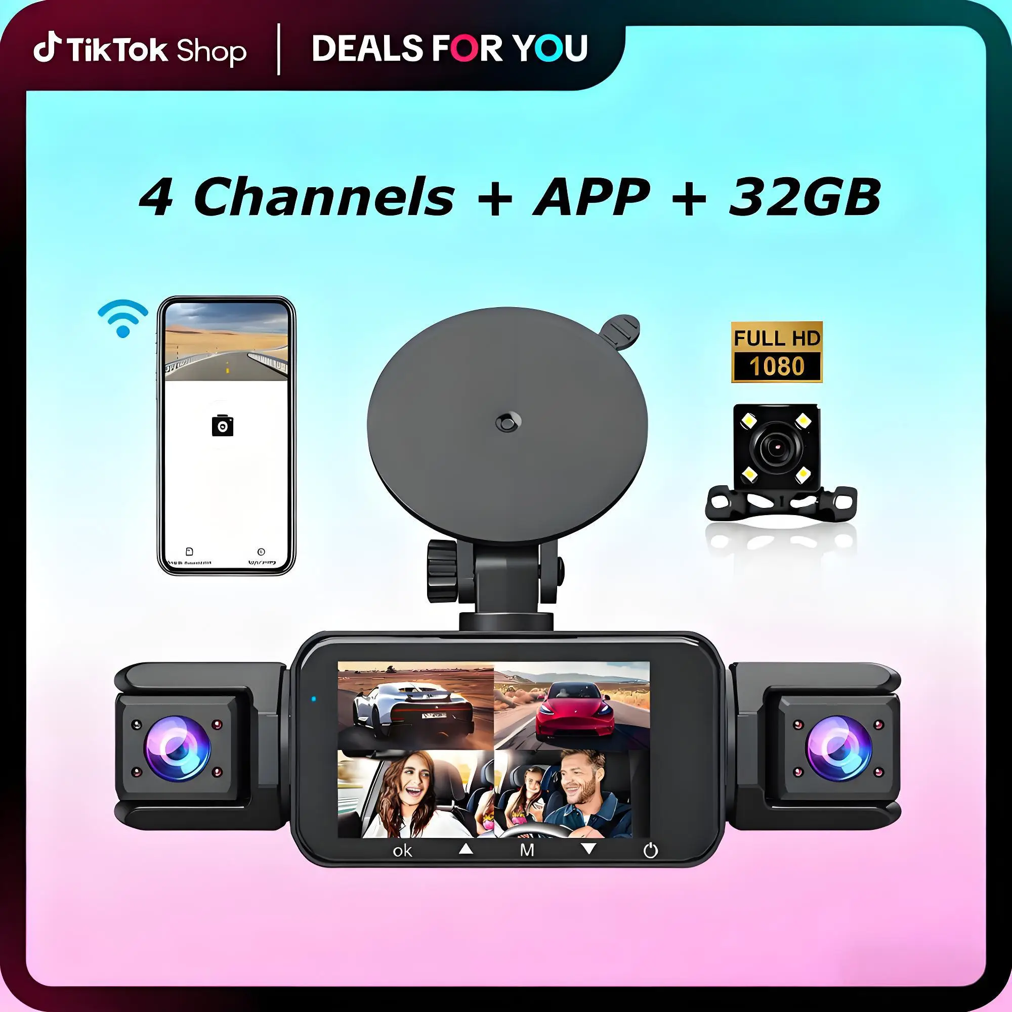 4 Channel Car Dash Cam,Built-in Wifi Can Be Connected To Phones, 1080P Car DVR with 32GB Memory Card,Car Video Surveillance with Night Vision,24/7Par