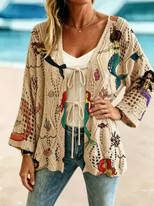 Women's Elegant Cartoon Mermaid Animal Shell Seaweed Print Long Sleeve Knit Cardigan, Casual Breathable Knitted Sweater, Spring Summer Fall Clothing
