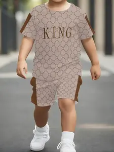 Summer Boys' Set, Fashion King Printed Short Sleeve Round Neck Pullover & Shorts, Casual Daily Wear, Lightweight Comfort Design