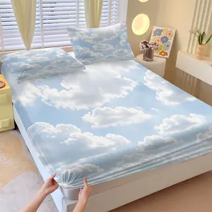 3-Piece Cloud Sky Scenery Fitted Sheet Set, Soft White Cloud & Sunny Sky Design, Skin-Friendly Fabric, Ideal for Airy & Fresh Bedroom Decor & Gifting, Suitable for All Ages