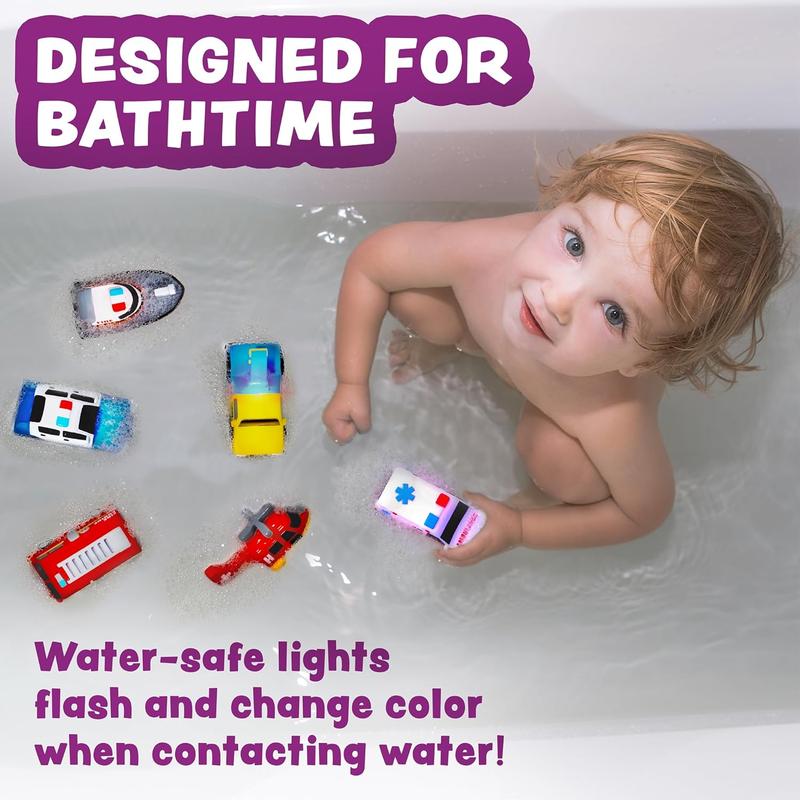 Emergency Cars Light Up Bath Toys, 6 Pack |   Water-Activated Light Up Toys Flash & Change Color |   Soft, Squeezable Baby & Toddler Bath Toys |   Sensory Toys with Bath Lights for Kids Bath