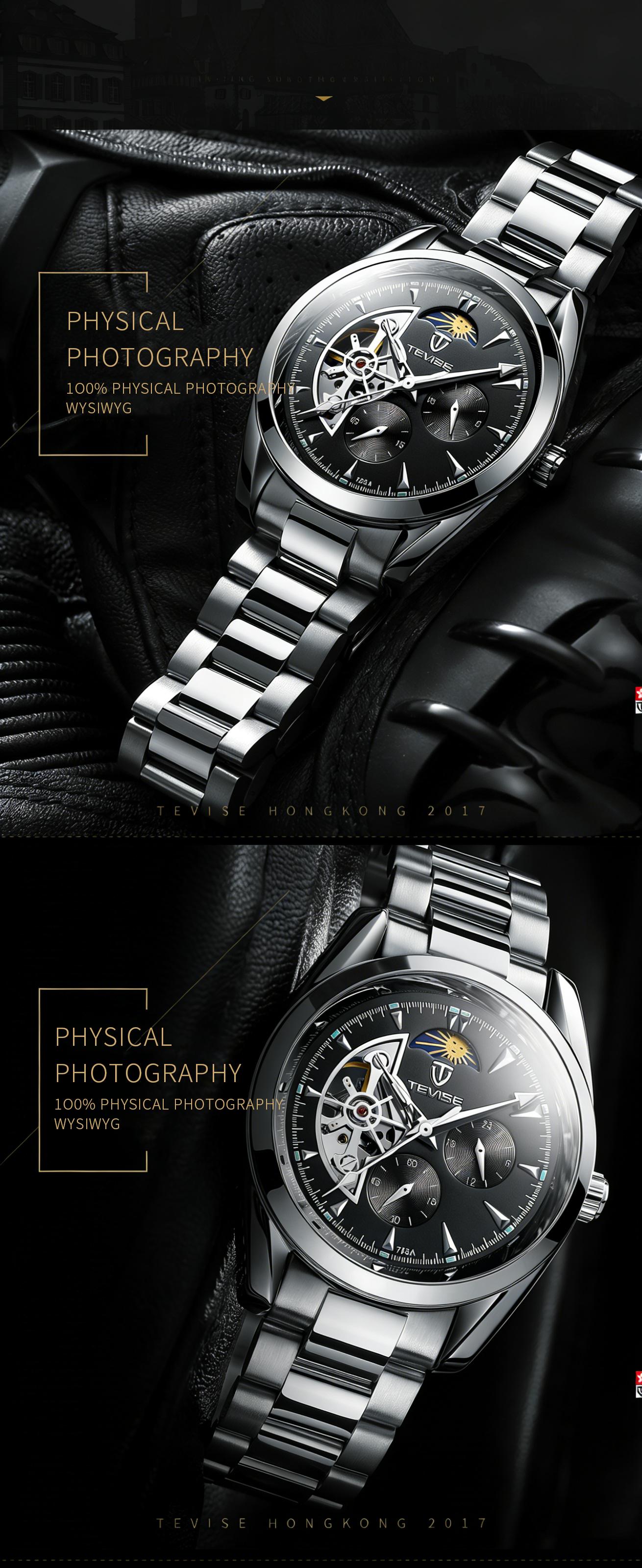 Luxury Men's Skeleton Watch, Moon Phase, Automatic Movement, Business Stainless Steel Wristwatch