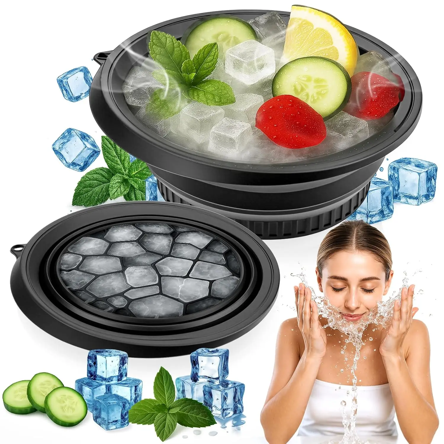 Face Bowl for Ice With Built-in Ice Tray Collapsible Silicone Facial Face Ice Bath Bowl Small Reusable Cold Plunge Basin is Portable,Perfect for Home Use,Camping,Travel Cold Bath Spa Tool & Black